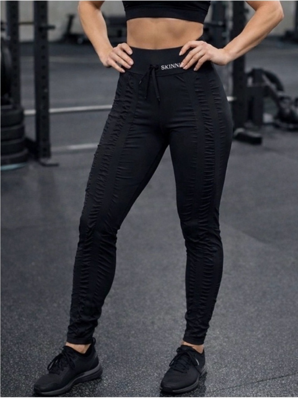 NEW Skinnify Black Drawstring Resistance Band Workout Leggings Size M